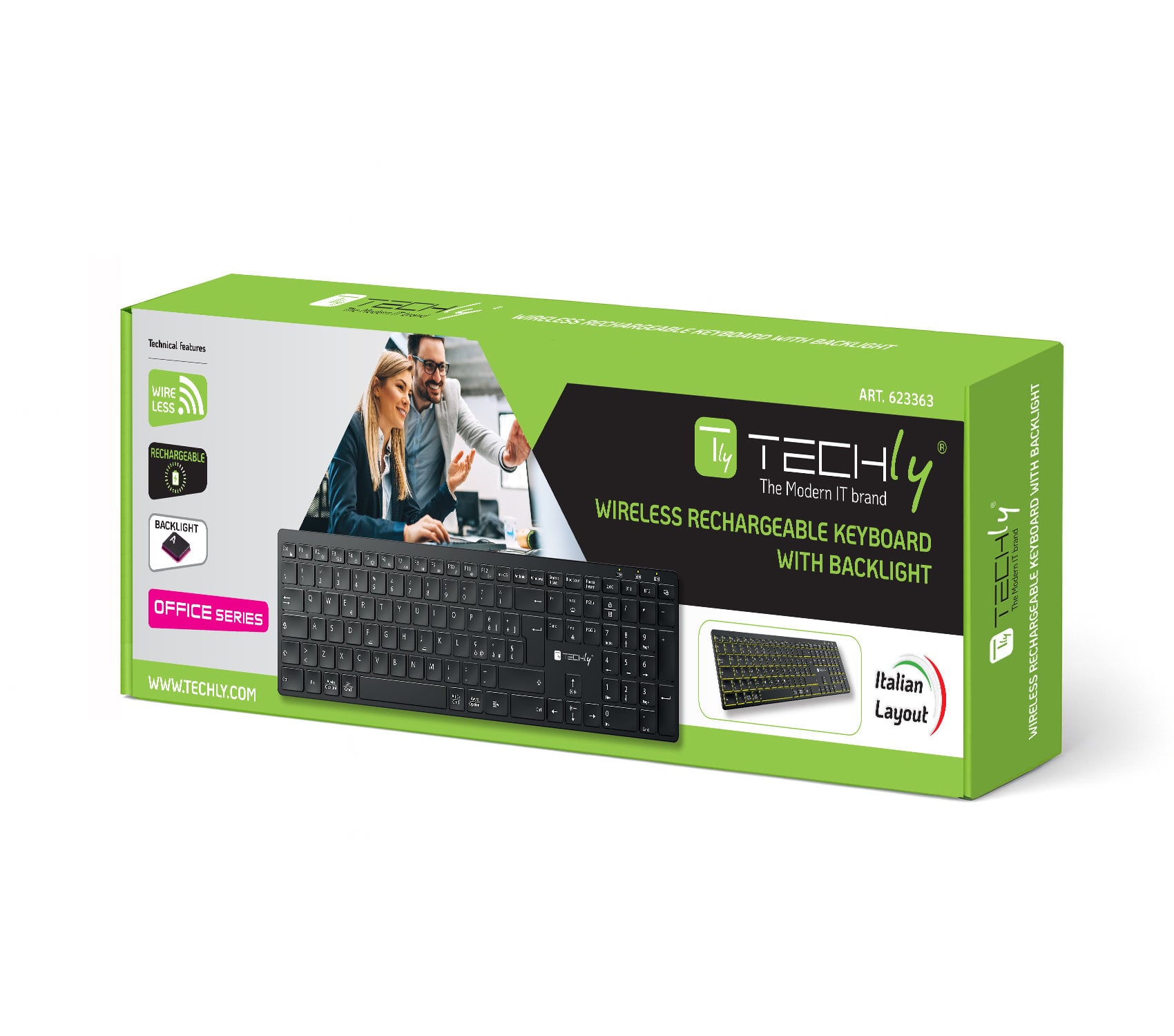 Tastiera Ultrasottile Wireless 2.4G + 2 BT Ricaricabile con Retroilluminazione, Nero - Techly ICTWC007