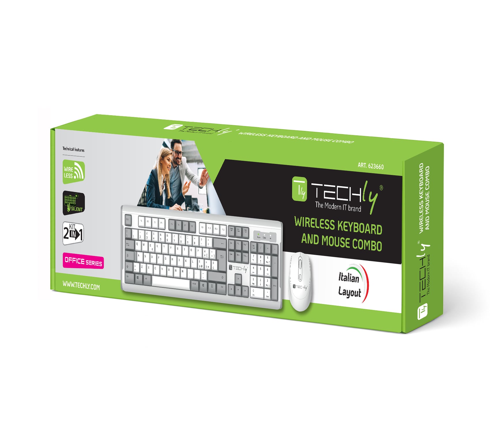 Kit Tastiera e Mouse 1600 Dpi Wireless Bianco e Grigio - Techly ICTWC008GYW