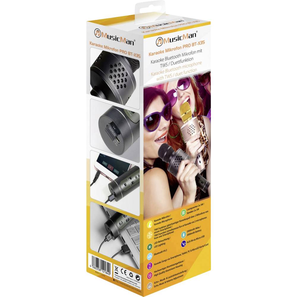 Microfono Karaoke Bluetooth con TWS per Cantare in Duetto Nero, BT-X35 - Musicman ICTX-BTX35B