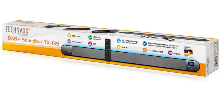 Soundbar with DAB+ Radio and FM Bluetooth V 5.0 Optics and LED Light 7 Colours - Technaxx ICTX-TX 139