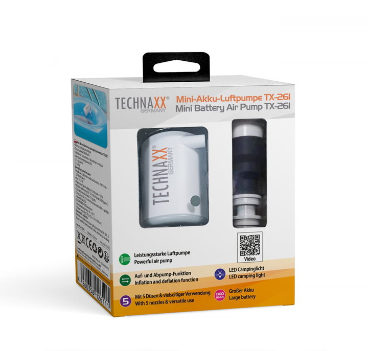 Mini Pompa ad Aria con Batteria Ricaricabile e Luce LED da Campeggio - Technaxx ICTX-TX261