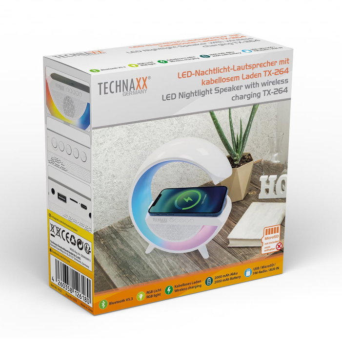 Bluetooth v 5.3 speaker with LED light and Wireless charger, TX- 264 - Technaxx ICTX-TX 264