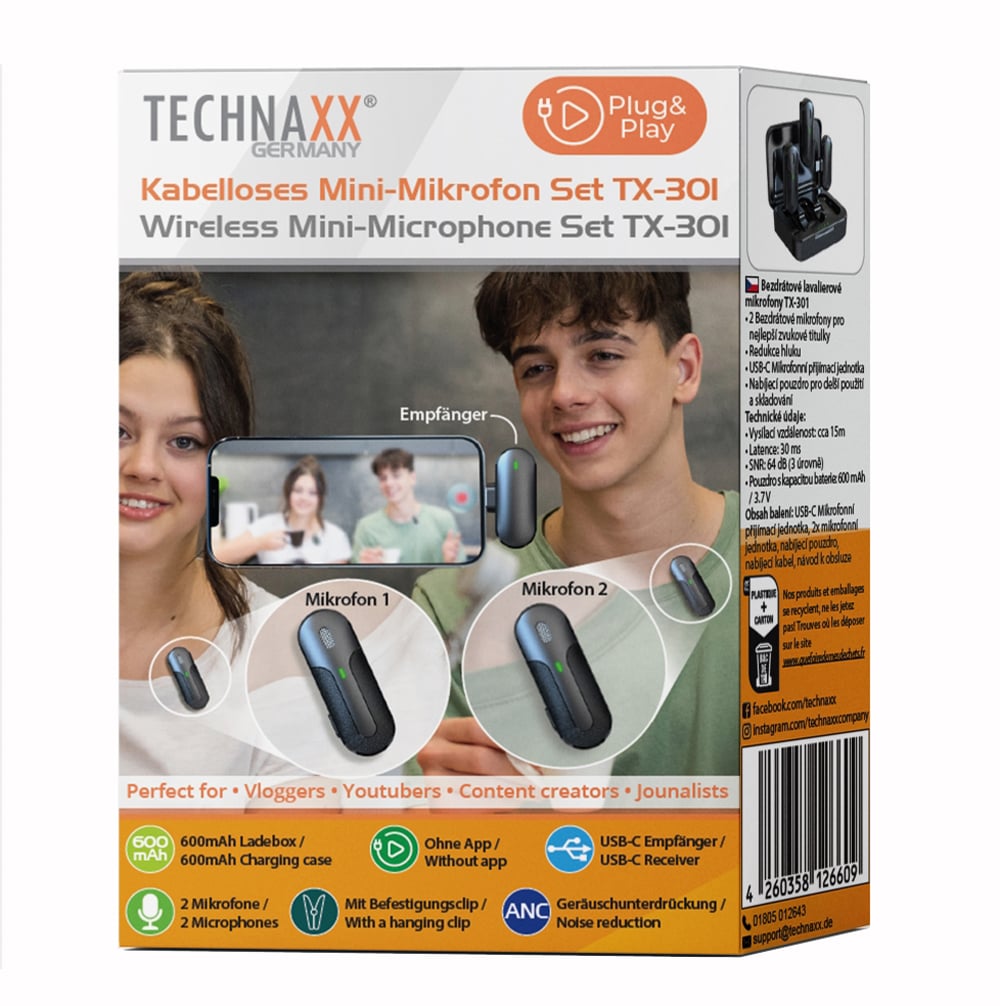 Set 2 Mini Microfoni Lavalier Wireless con Ricevitore USB-C™ e Custodia di Ricarica, TX301 - Technaxx ICTX-TX301