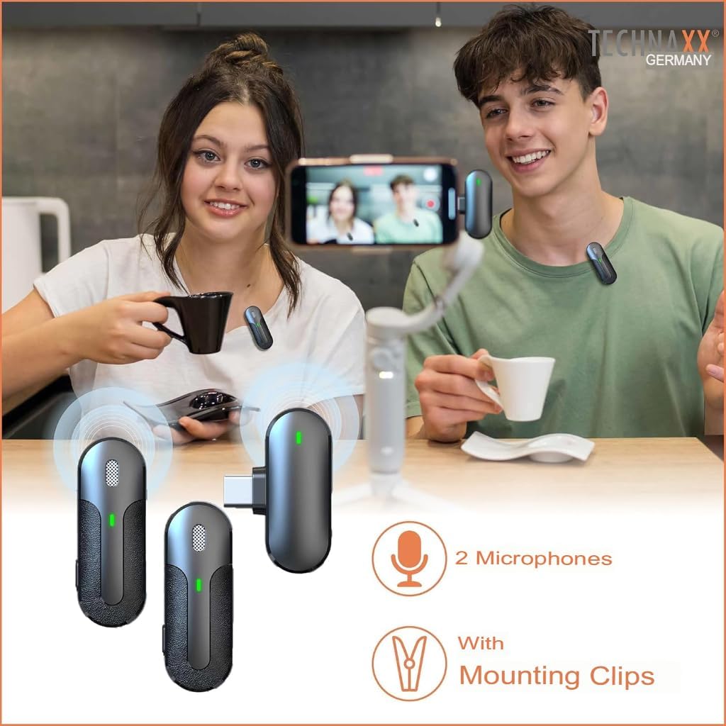 Set 2 Mini Microfoni Lavalier Wireless con Ricevitore USB-C™ e Custodia di Ricarica, TX301 - Technaxx ICTX-TX301
