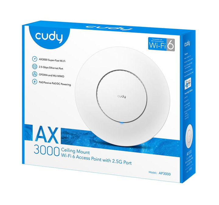 Punto di Accesso Wireless Gigabit PoE WiFi 6 AX3000 Porta 2.5G Montaggio a Soffitto, AP3000_P - Cudy ICU-AP3000POE