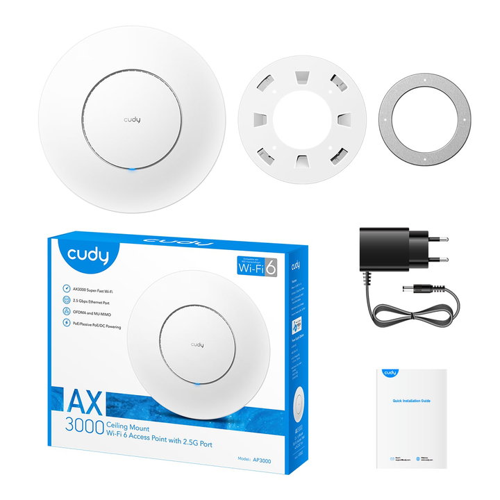 Punto di Accesso Wireless Gigabit PoE WiFi 6 AX3000 Porta 2.5G Montaggio a Soffitto, AP3000_P - Cudy ICU-AP3000POE