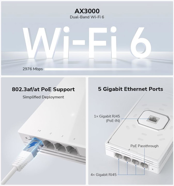 Punto di Accesso Wireless WiFi 6 Gigabit Dual Band AX3000 Poe con Supporto Mesh, a Muro, AP3000W - Cudy ICU-AP3000W