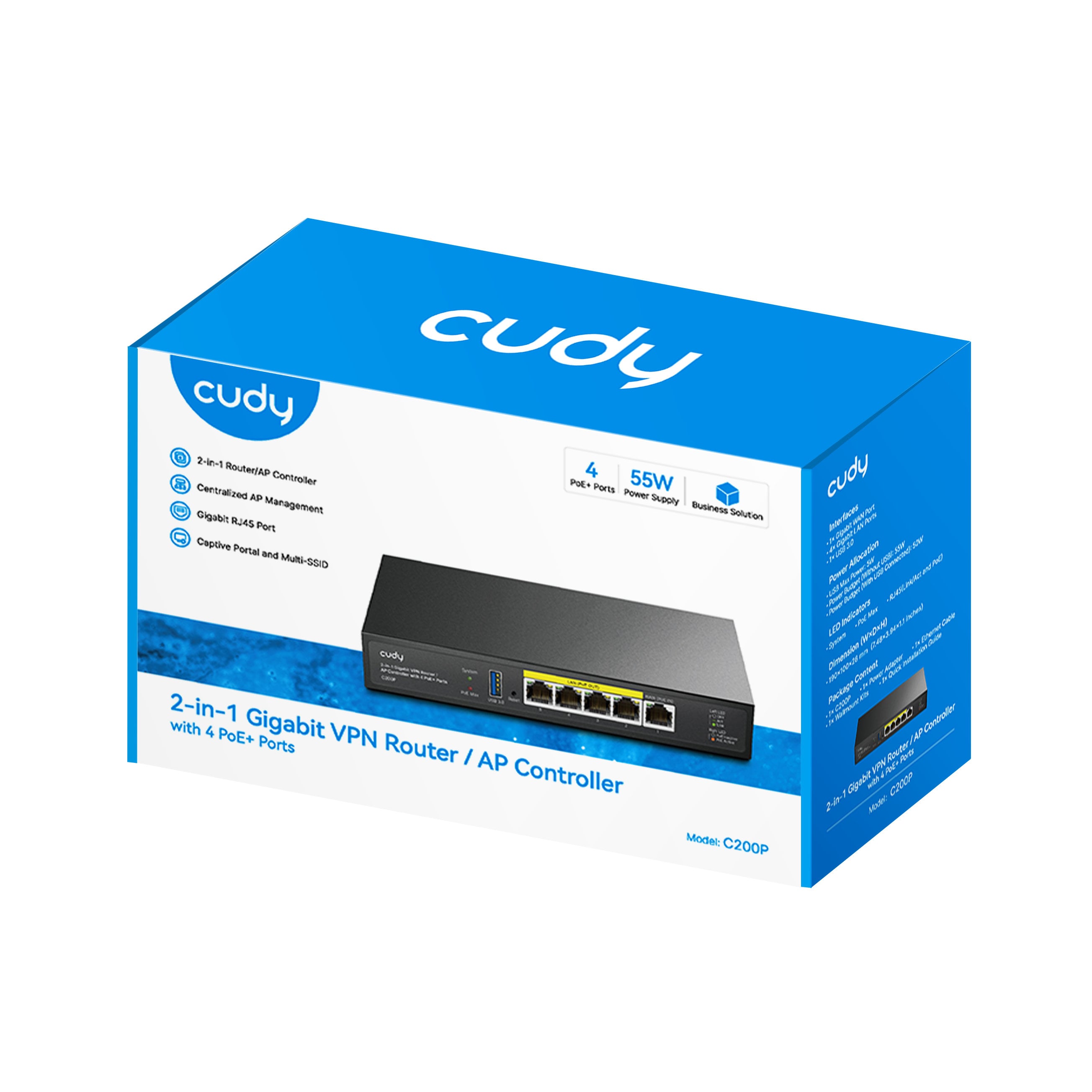 Router 2in1 SMB VPN / AP Controller con 4 Porte PoE+, C200P - Cudy ICU-C200P