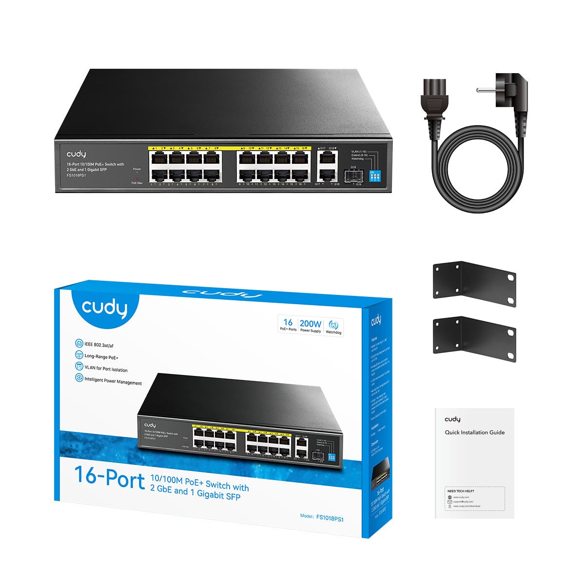 Switch PoE+ 10/100m a 16 Porte con 2GbE e 1 Porta SFP, FS1018PS1 - Cudy ICU-FS1018PS1