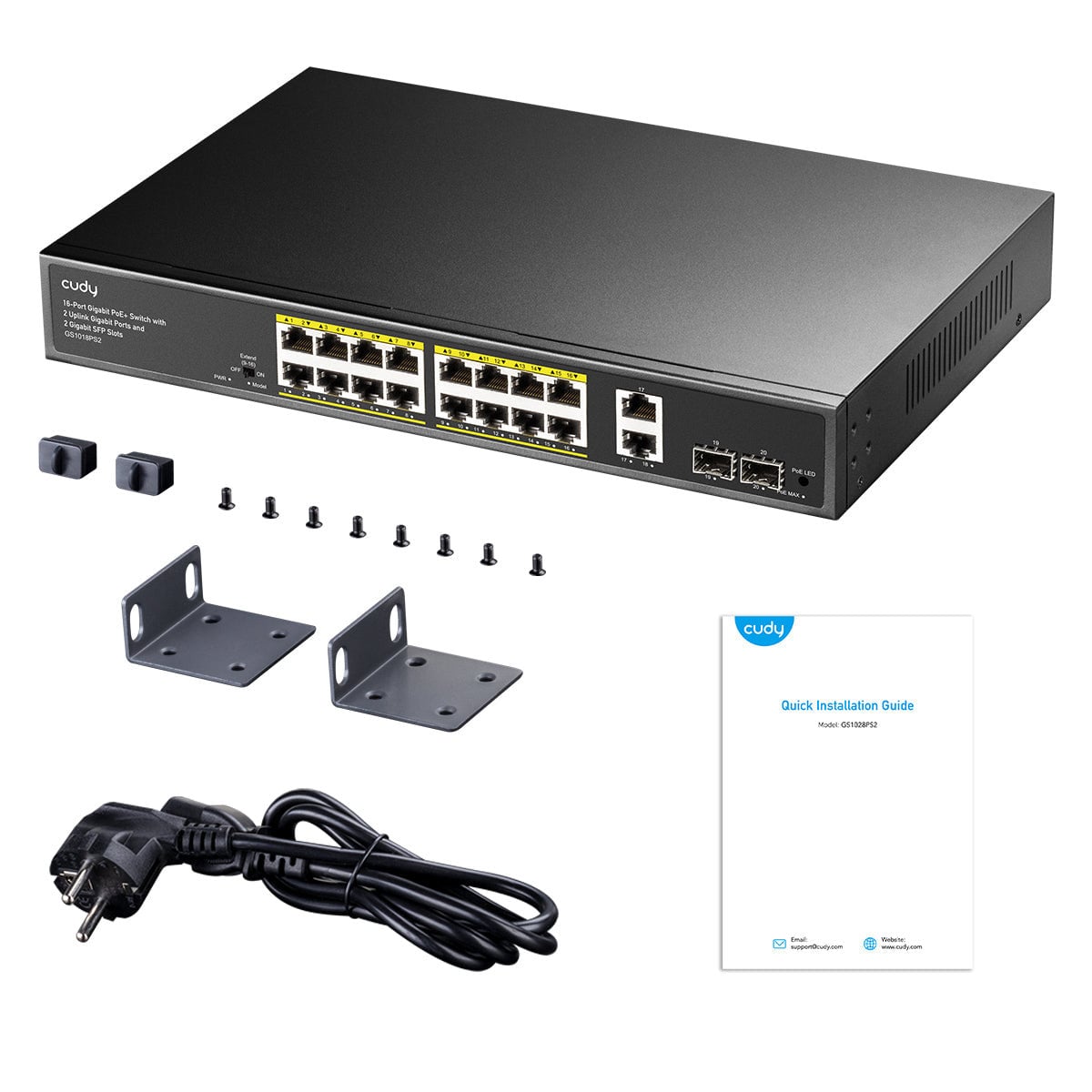 Switch Gigabit PoE+ 16 Porte con 2 Uplink GBE e 2 Gigabit SFP, GS1018PS2 Nero - Cudy ICU-GS1018PS2