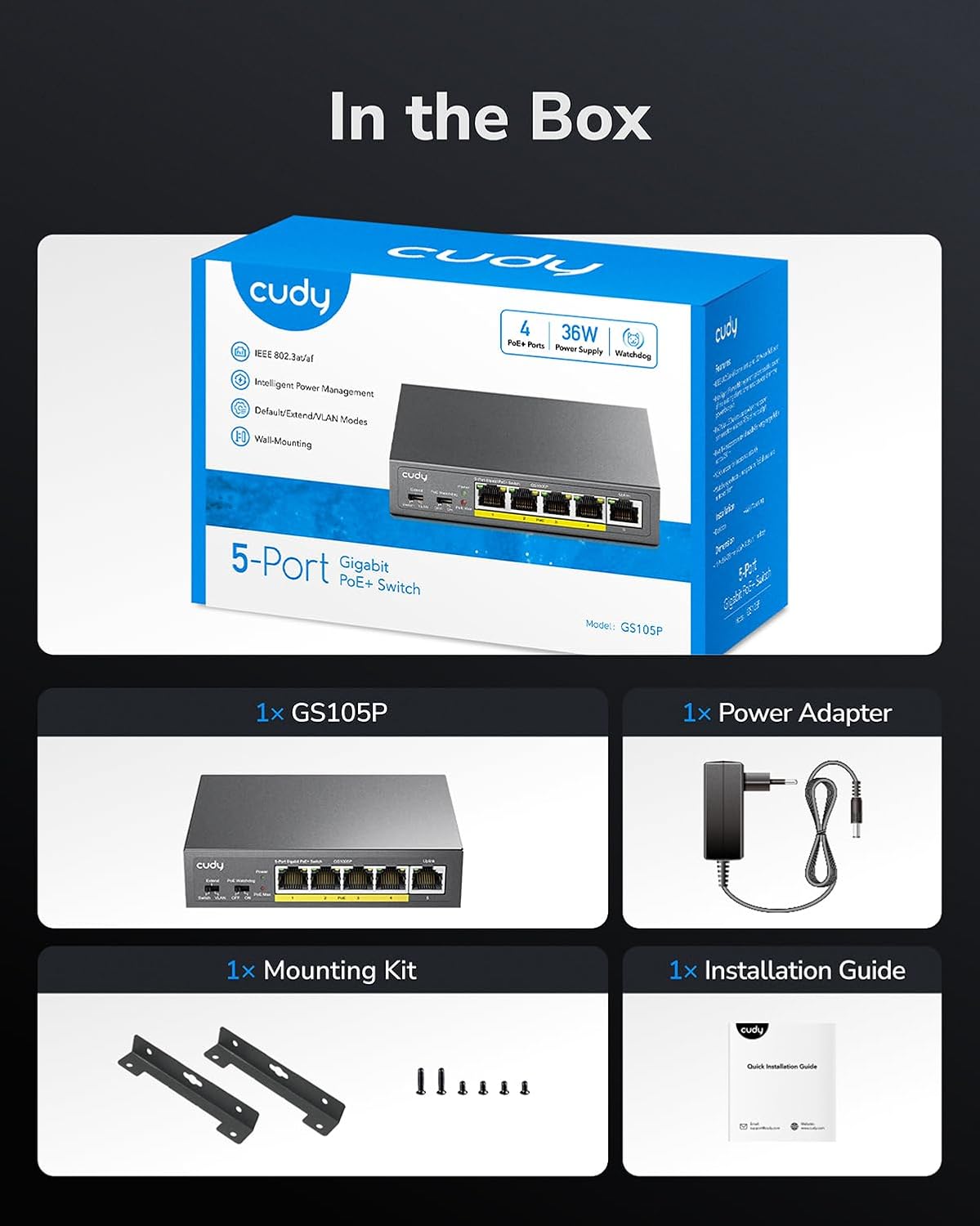 Switch Gigabit PoE+ a 5 porte, GS105P - Cudy ICU-GS105P