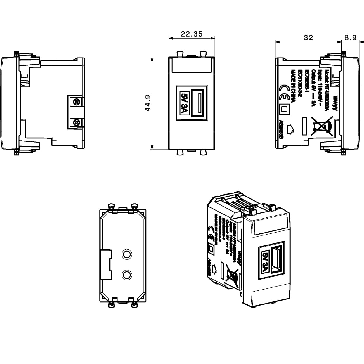 Domus S44 Caricatore USB-A 3A 240V 1 Modulo Bianco Lucido, 441082USB3A - AVE ICV-441082USB3A