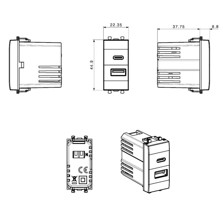 Caricatore USB-A e USB-C 3A 5V 1 Modulo Bianco Lucido - AVE ICV-441082USBAC