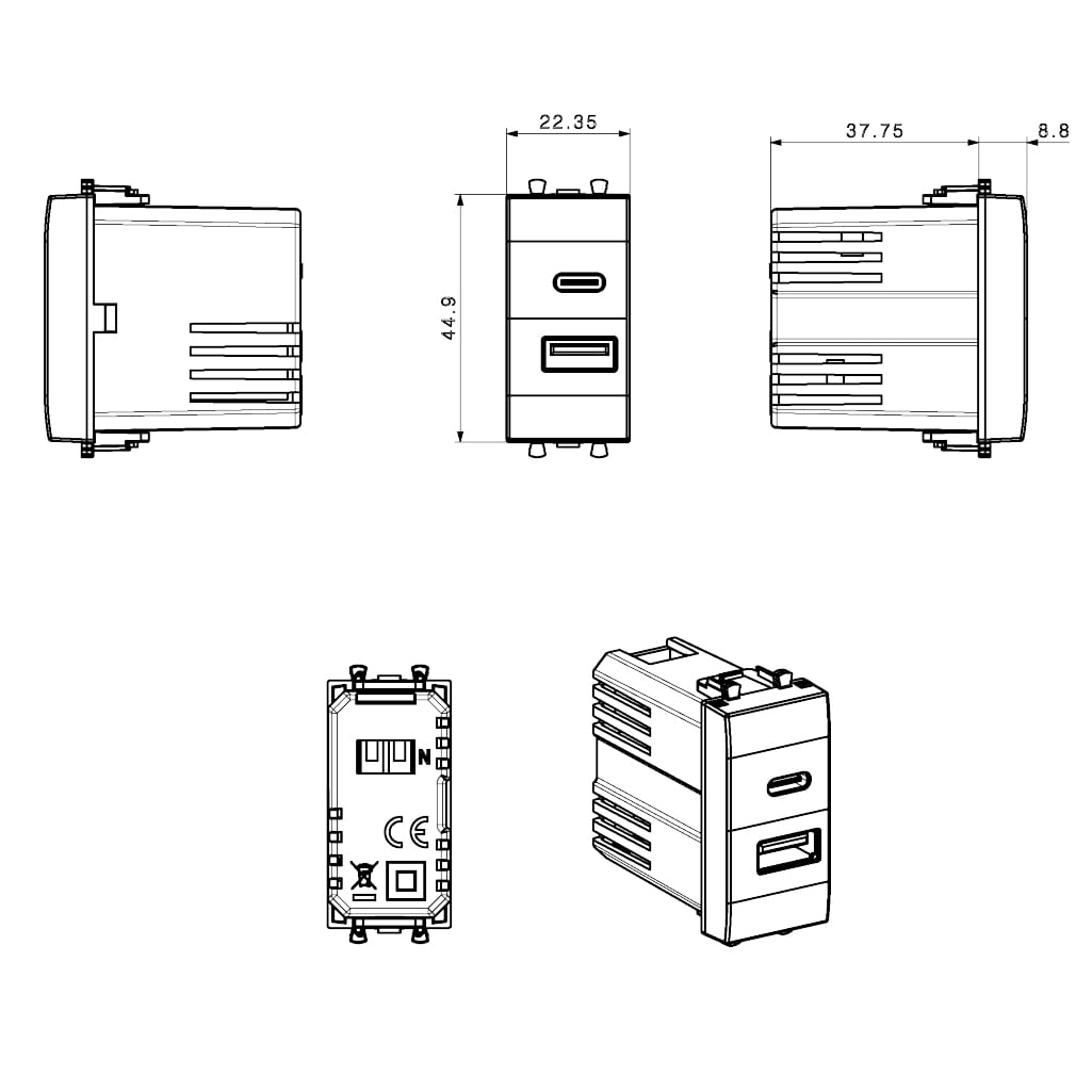 USB Universal USB-A and USB-C charger 3 A 230 V 1 matt grey module - AVE ICV- 445082 USBAC