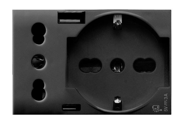 Schuko bipass socket + Italian P 17 / 11 with USB-A and USB-C 2 P+T 10 / 16 A 250 V 3 grey modules - AVE ICV- 44509015 USB