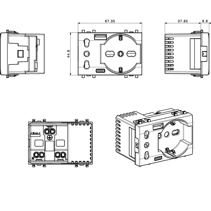 Schuko bipass socket + Italian P 17 / 11 with USB-A and USB-C 2 P+T 10 / 16 A 250 V 3 grey modules - AVE ICV- 44509015 USB