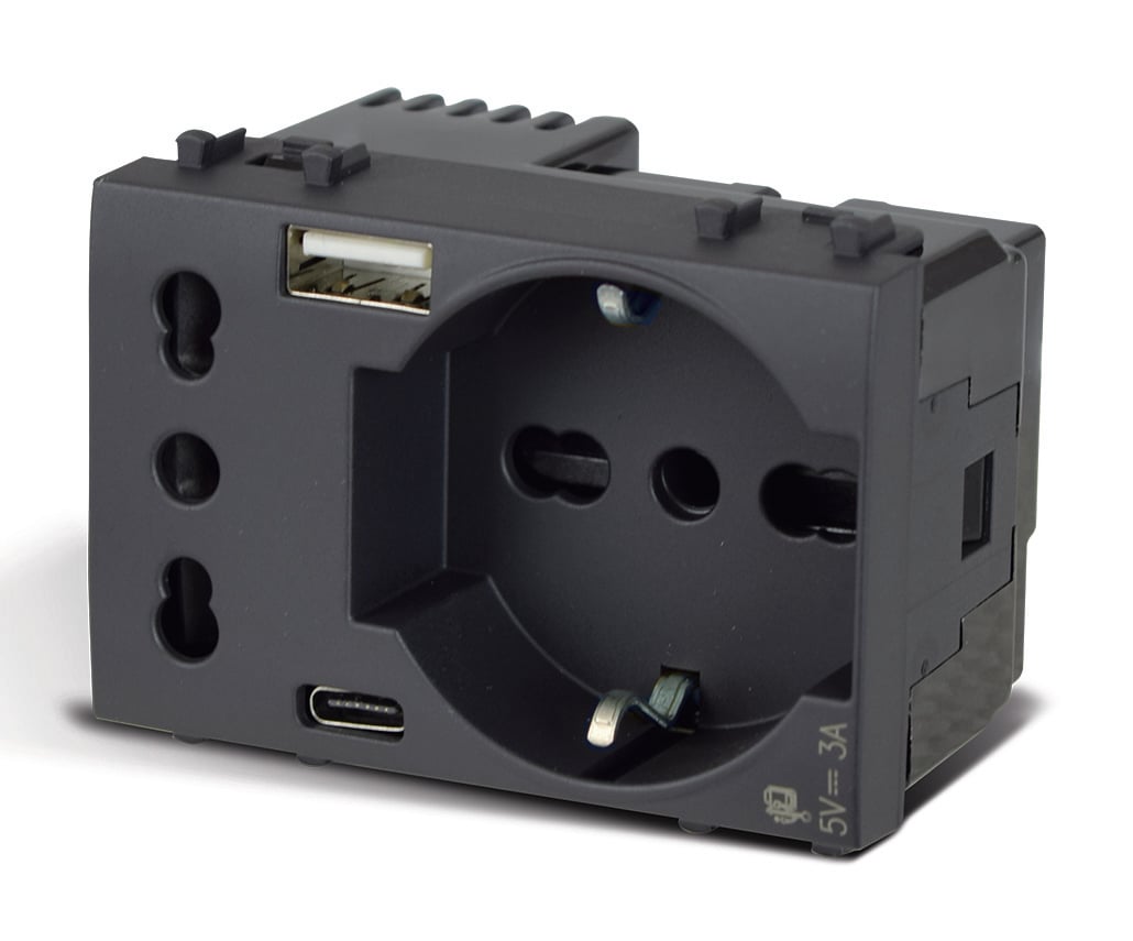 Schuko bipass socket + Italian P 17 / 11 with USB-A and USB-C 2 P+T 10 / 16 A 250 V 3 grey modules - AVE ICV- 44509015 USB