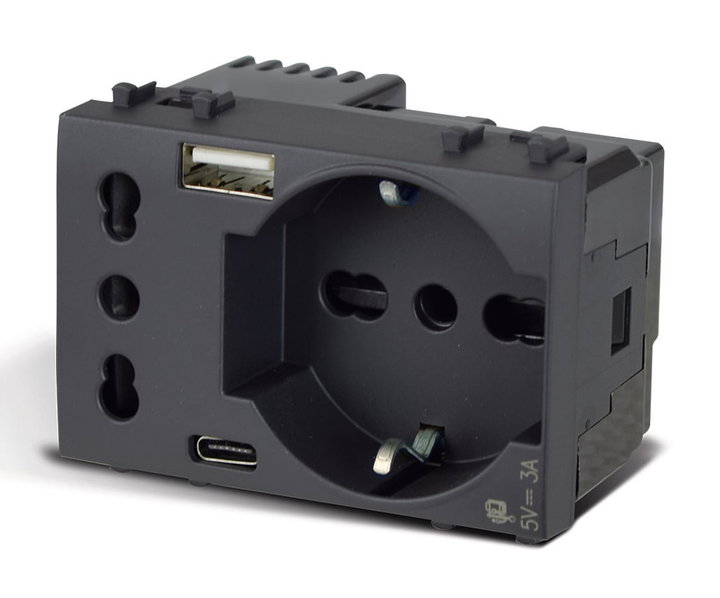 Schuko bipass socket + Italian P 17 / 11 with USB-A and USB-C 2 P+T 10 / 16 A 250 V 3 grey modules - AVE ICV- 44509015 USB