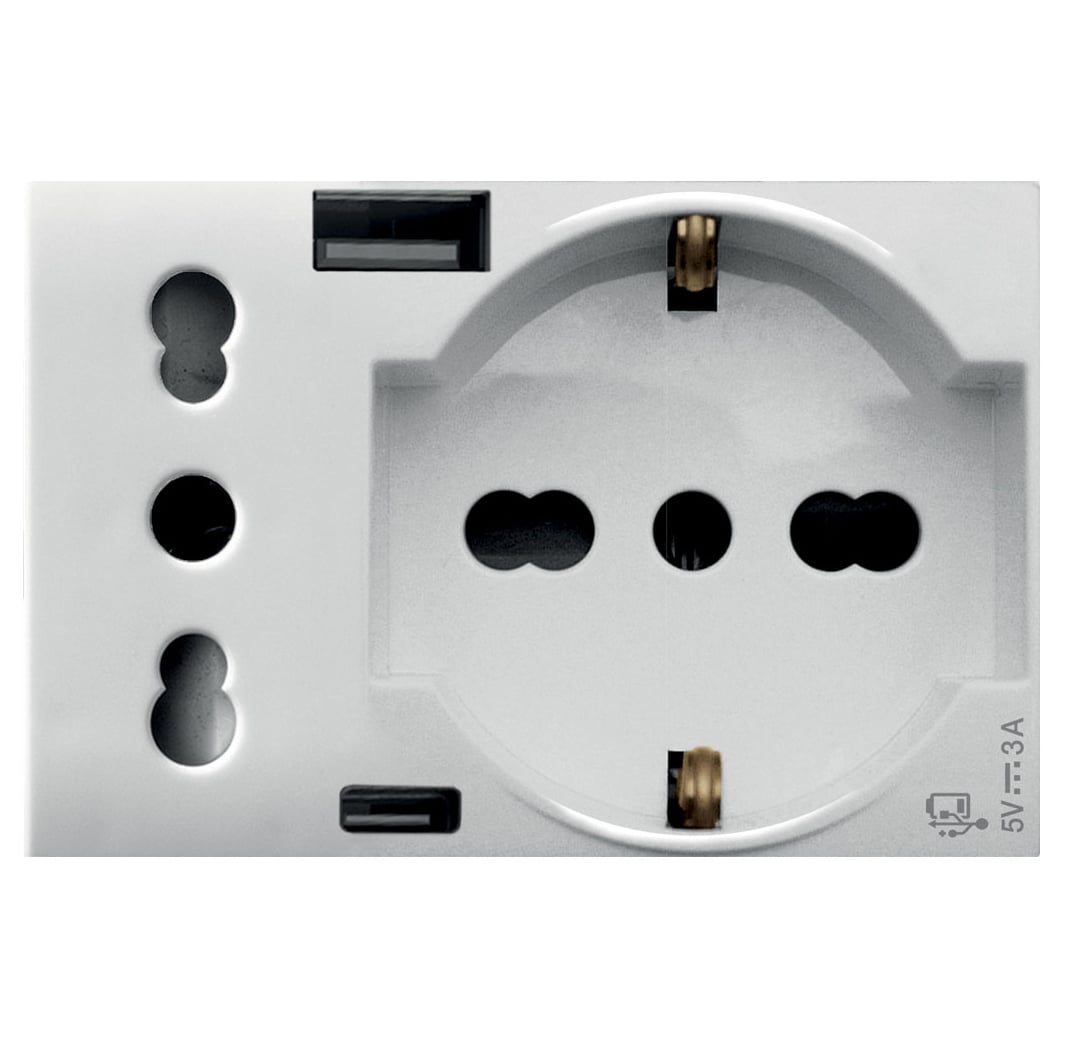 WHITEK S44 Presa Schuko Presa Italiana USB-A e USB-C™ 2P+T 10/16A 250V 3 Moduli Bianco Opaco, 44609015USB - AVE ICV-44609015USB