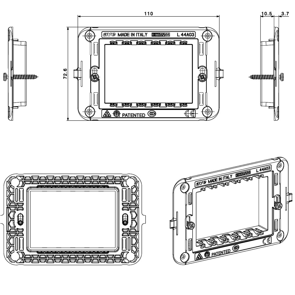 Supporto con Viti S44 per Scatole Rettangolari 3 Moduli - AVE ICV-44A03