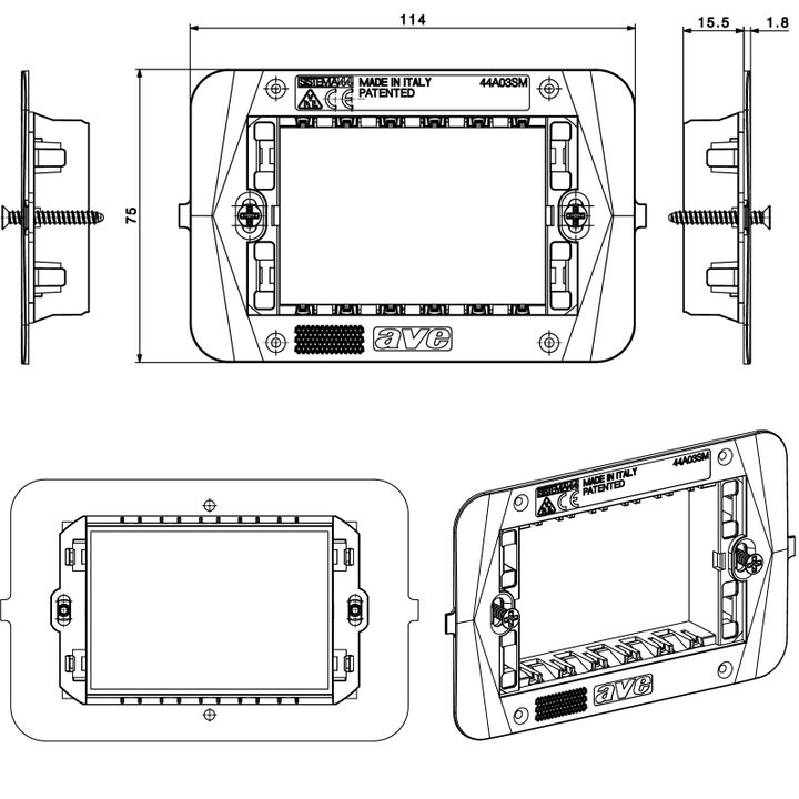 Supporto Smart44 3 moduli con viti per scatole rettangolari - AVE ICV-44A03SM