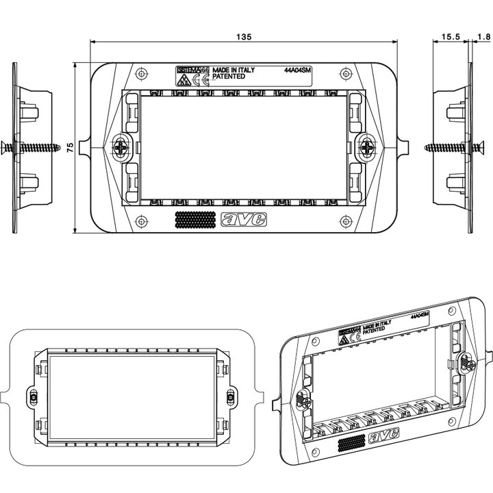 Supporto Smart44 4 moduli con viti per scatole rettangolari - AVE ICV-44A04SM