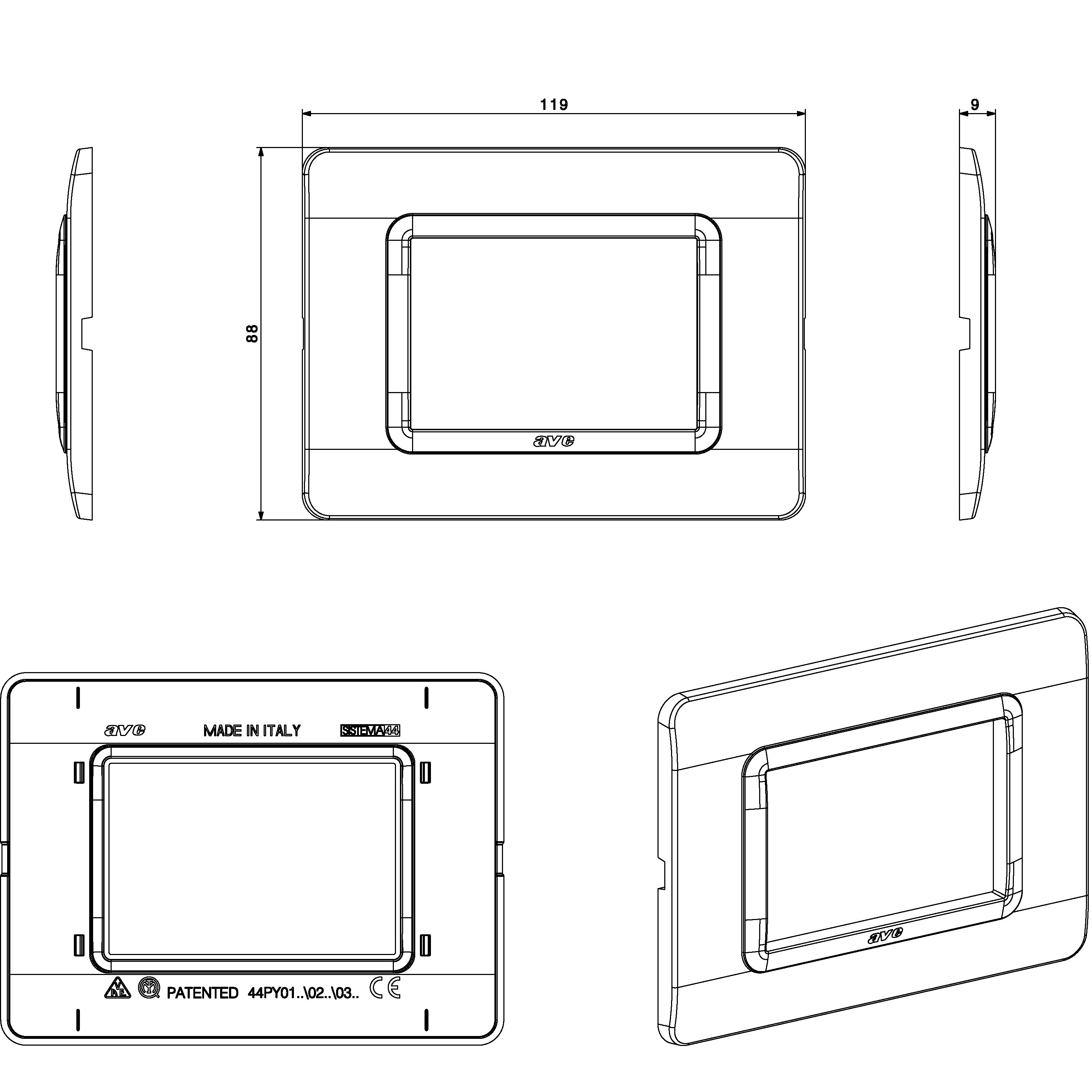 Placca Tecnopolimero S44 3 Moduli Bianco - AVE ICV-44PY03B
