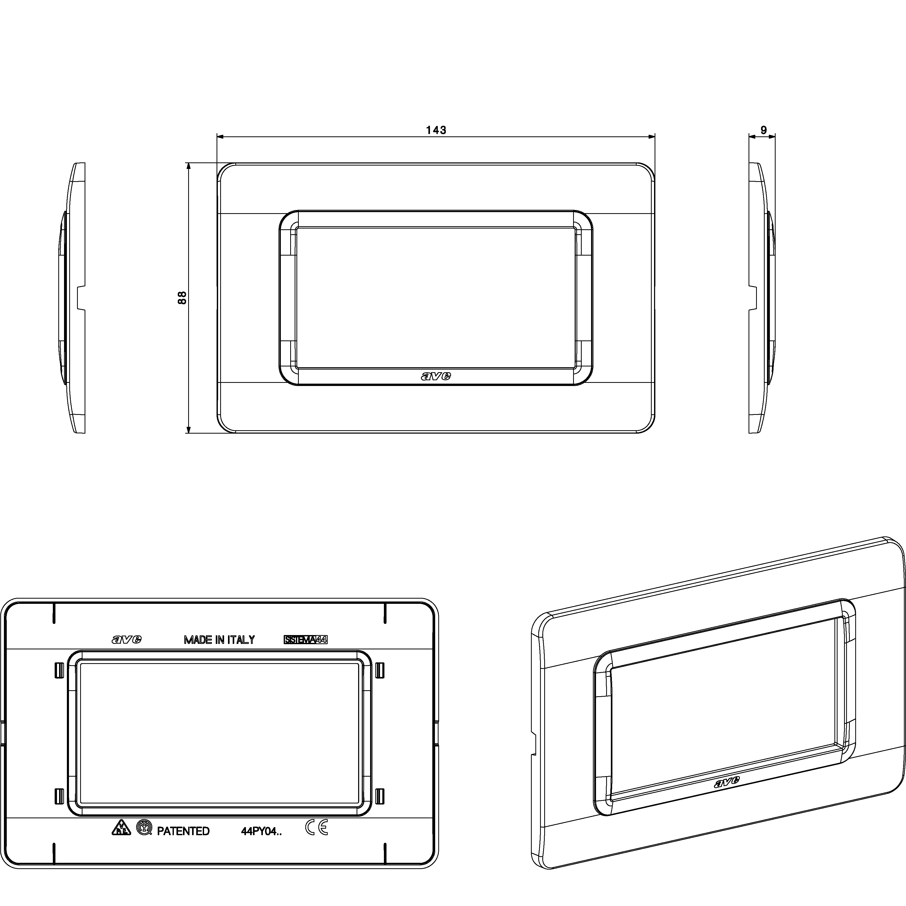 Placca Tecnopolimero S44 4 Moduli Bianco - AVE ICV-44PY04B