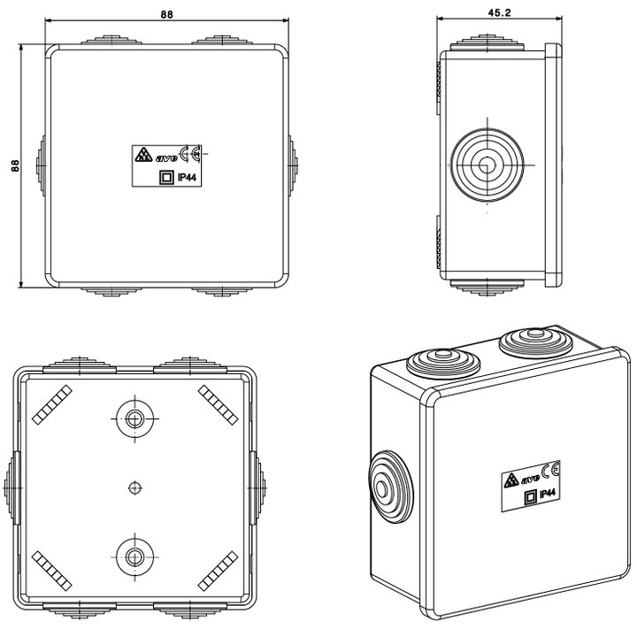 Scatola Quadrata IP44 di Derivazione da Parete con Passacavi - AVE ICV-SD8803
