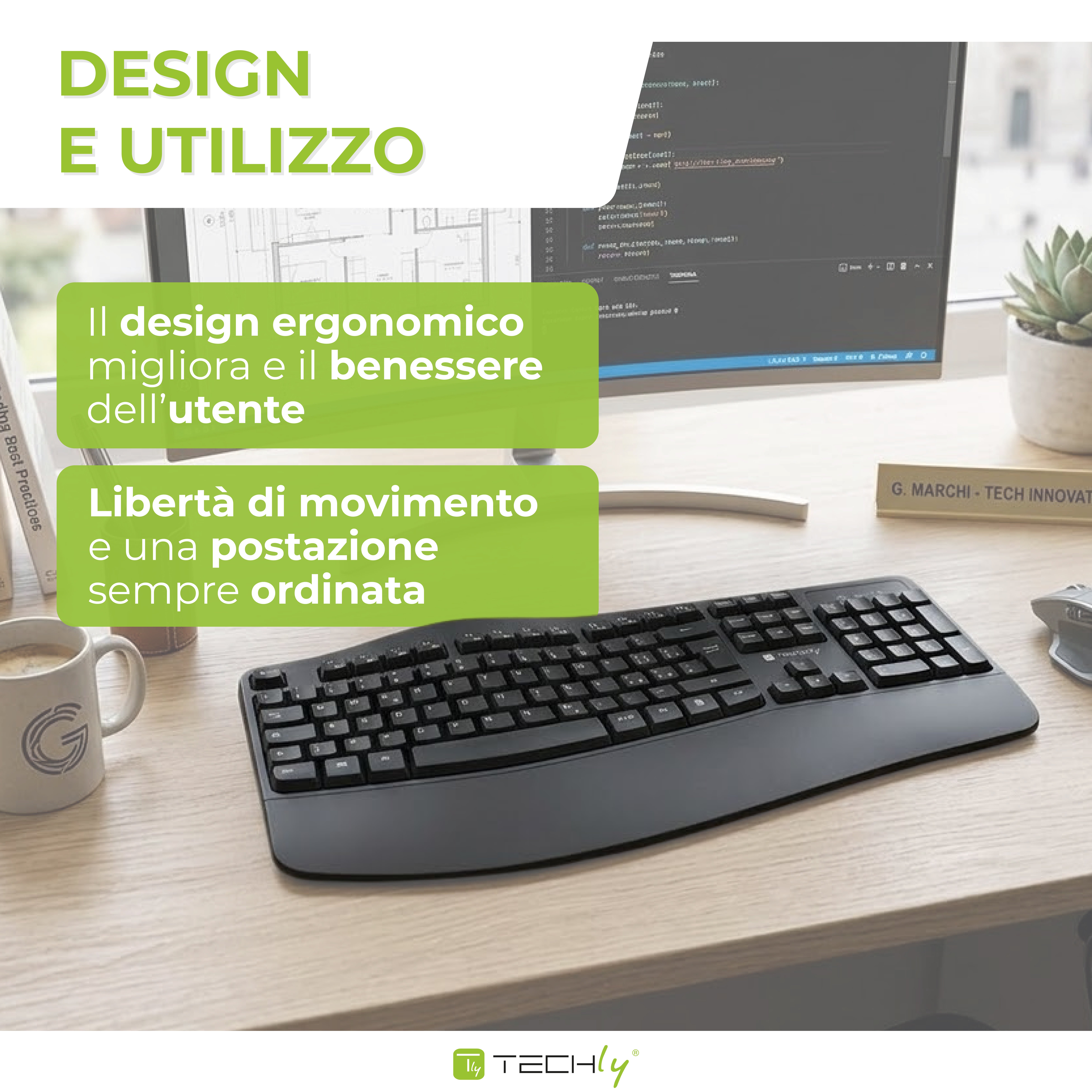 Tastiera Ergonomica Wireless Slim Design Curvo - Techly IDATA 955-UBK-ERGO