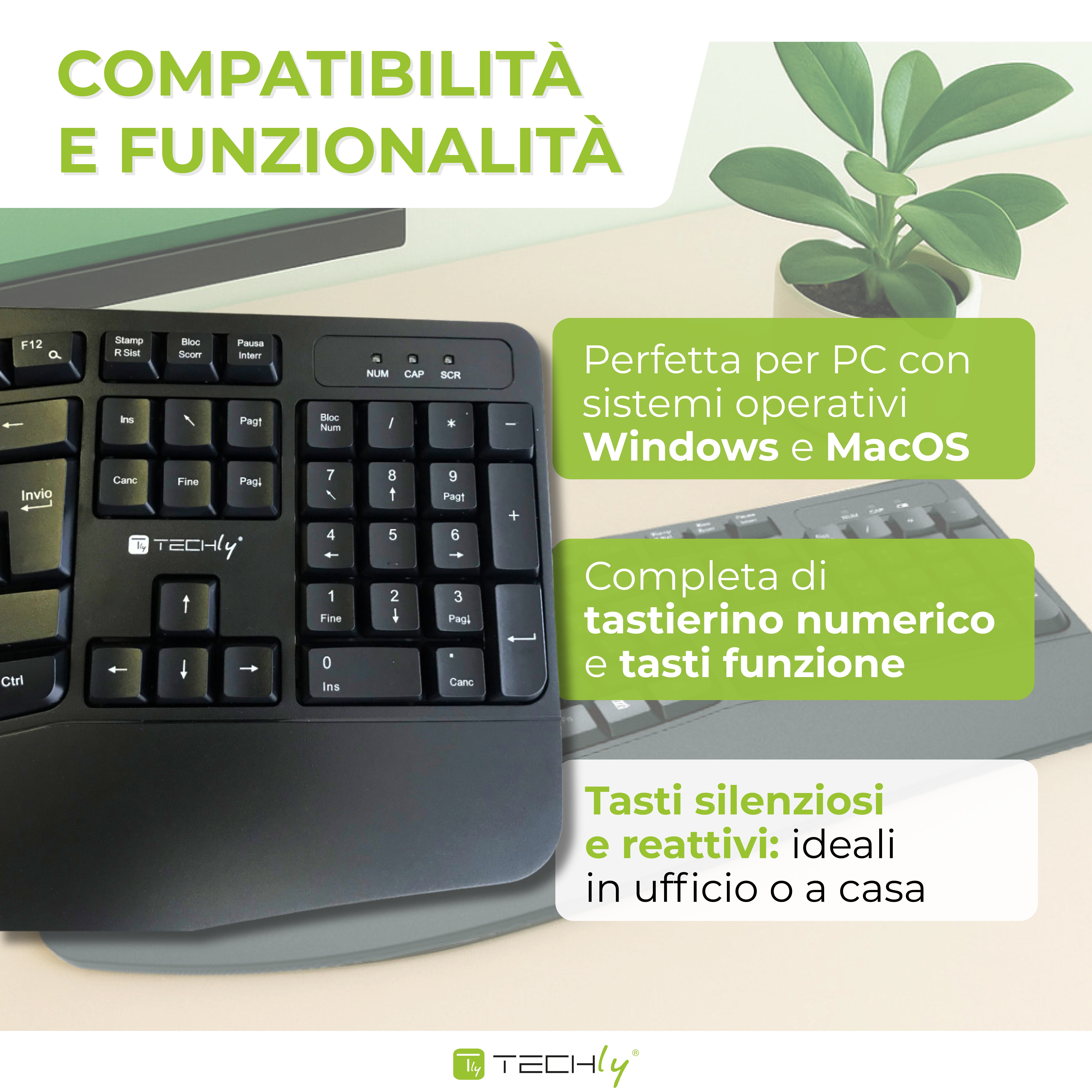 Tastiera Ergonomica Wireless Slim Design Curvo - Techly IDATA 955-UBK-ERGO