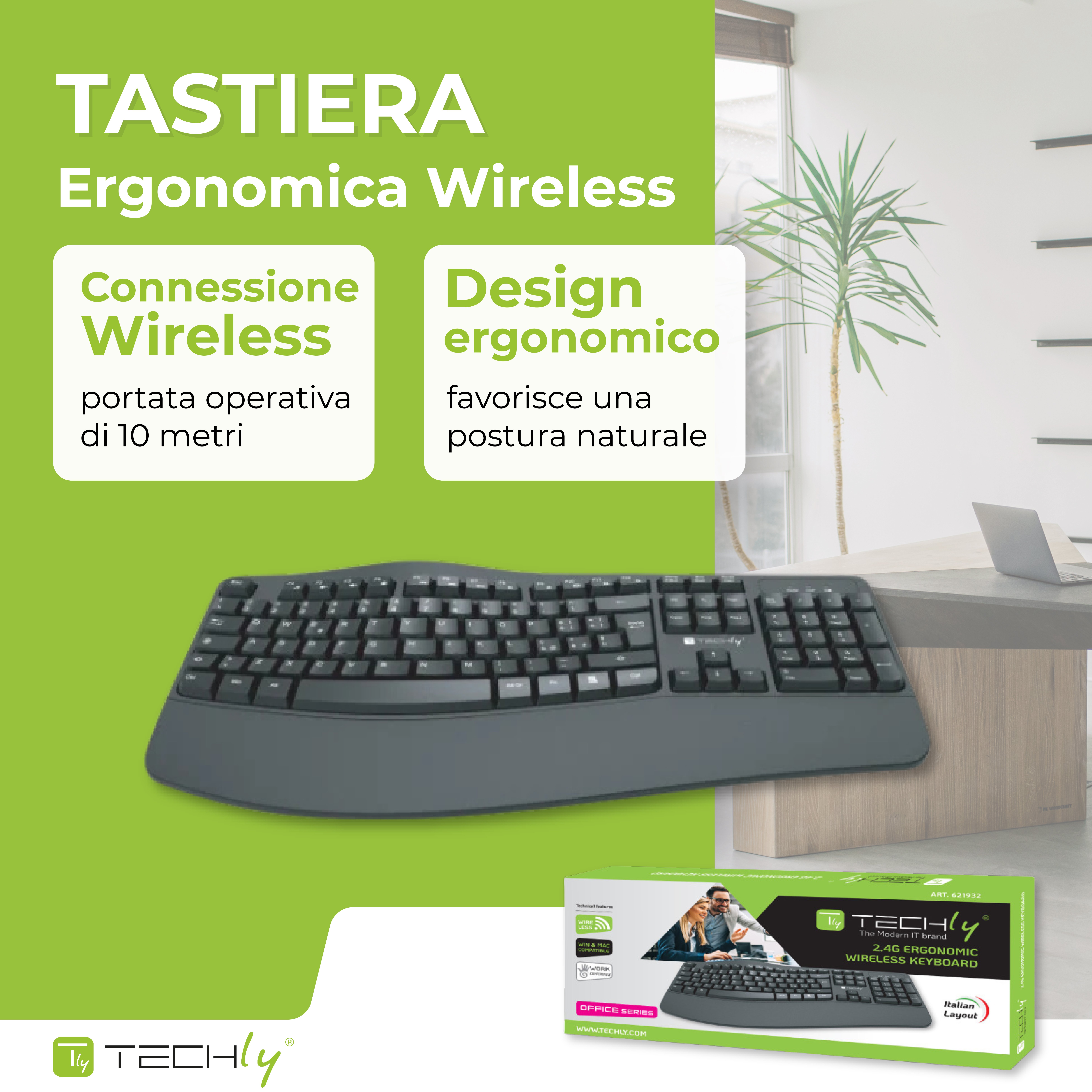 Tastiera Ergonomica Wireless Slim Design Curvo - Techly IDATA 955-UBK-ERGO