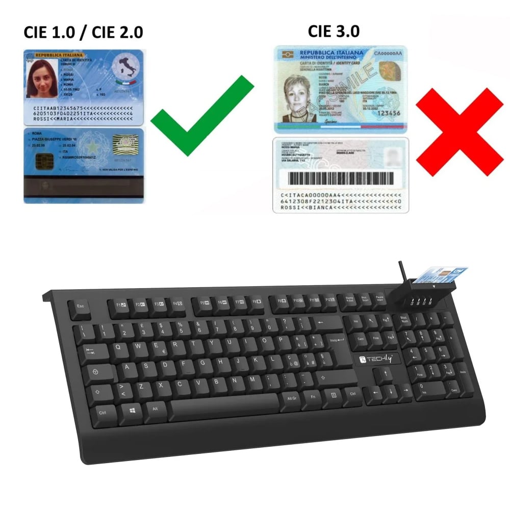 Tastiera USB con Lettore Smart Card Integrato per CNS CIE e CRS Tessera Sanitaria - Techly IDATA 955-UBK-SMART