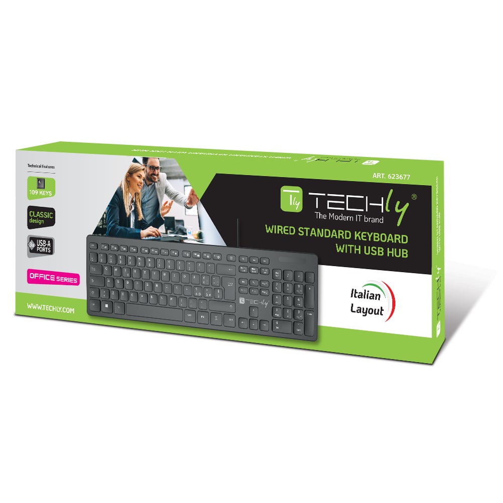 Tastiera USB Standard 109 Tasti Layout Italiano e Hub 3 Porte USB Nero - Techly IDATA 955-UBKH
