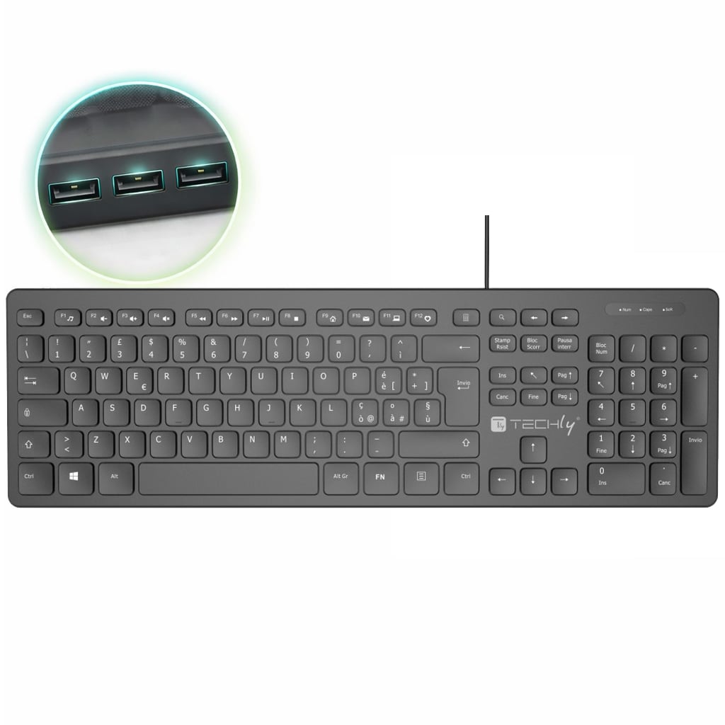 Tastiera USB Standard 109 Tasti Layout Italiano e Hub 3 Porte USB Nero - Techly IDATA 955-UBKH