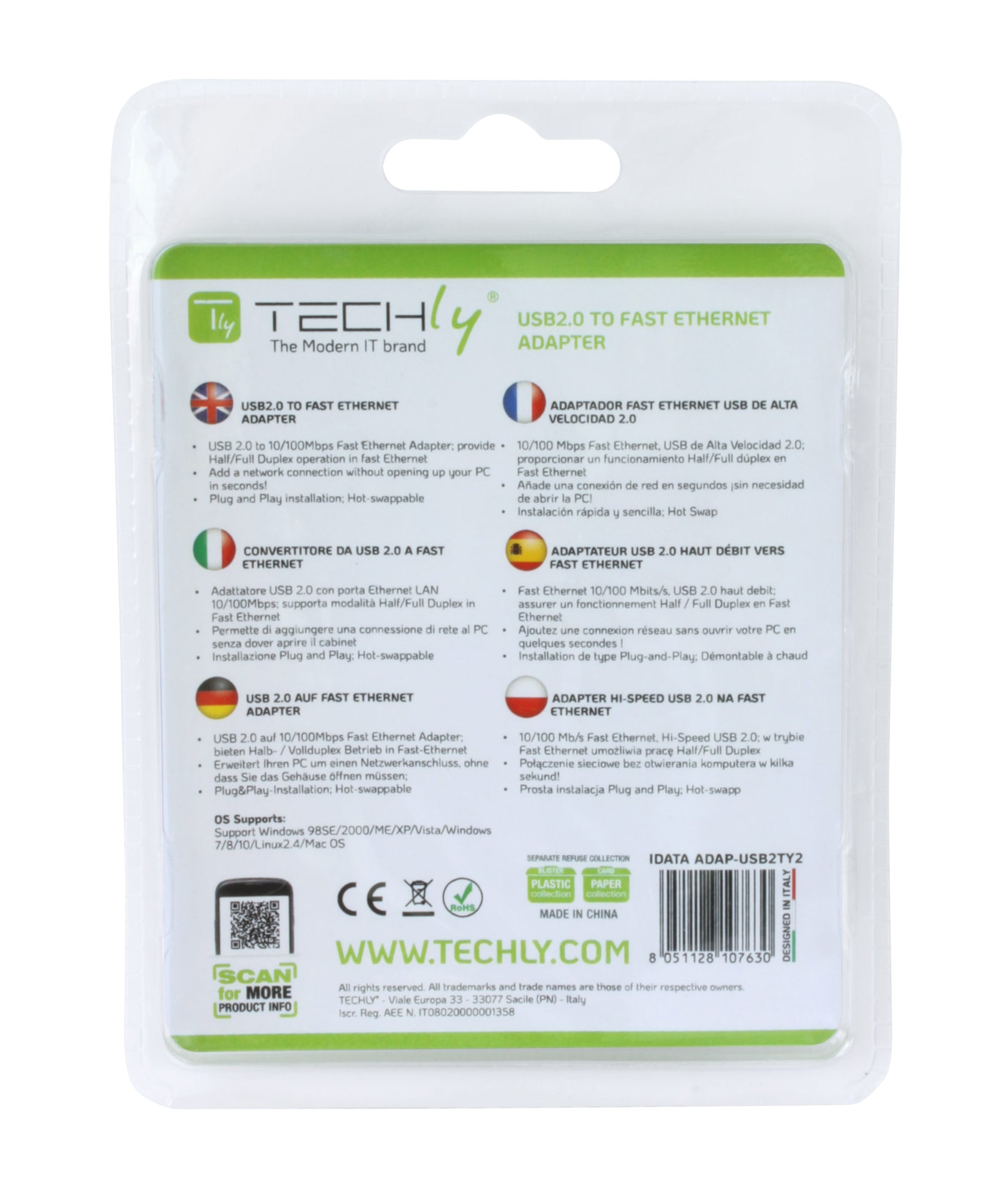 Convertitore da USB2.0 a Fast Ethernet 10/100 Mbps - Techly IDATA ADAP-USB2TY2