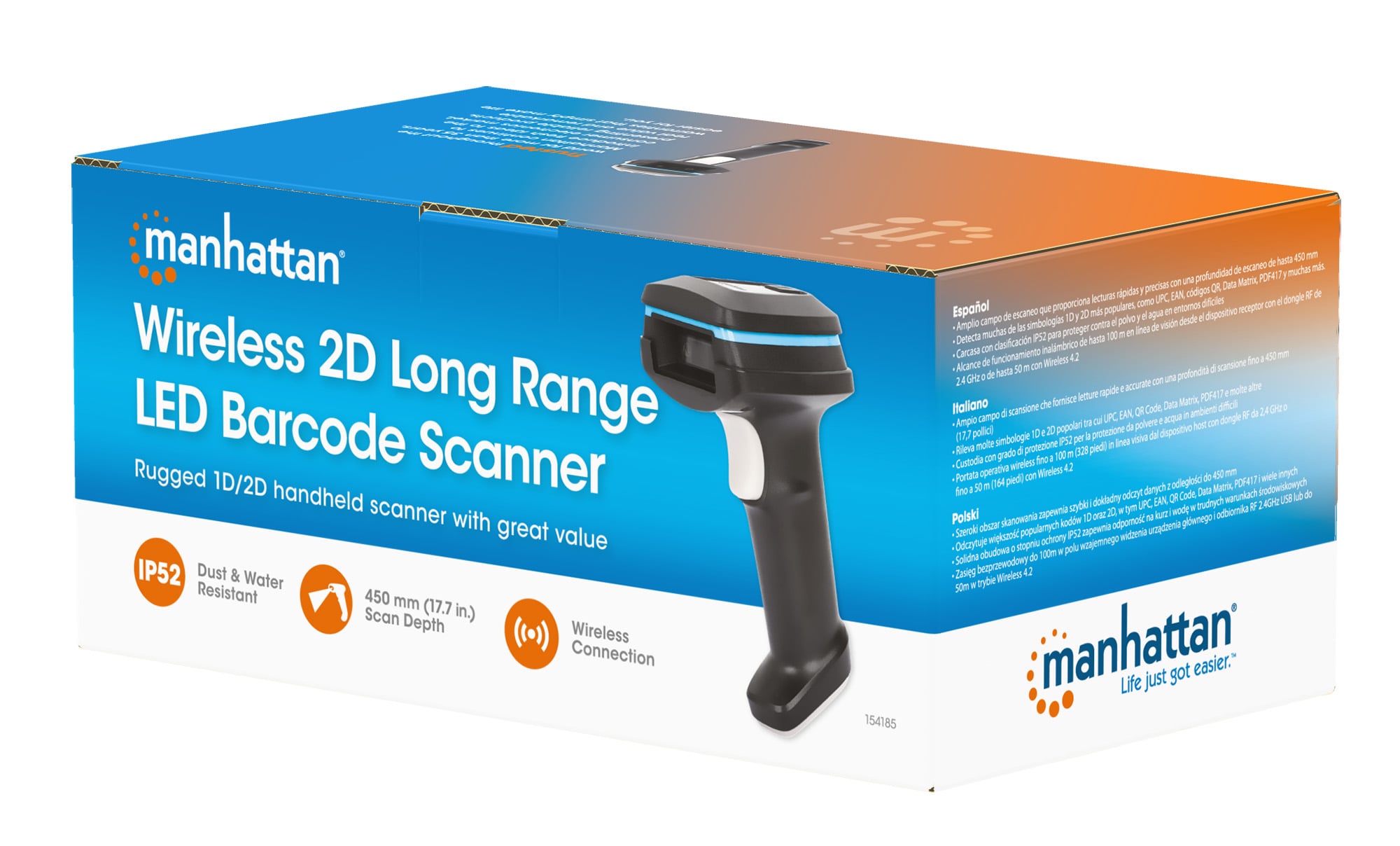 Lettore di Codici a Barre LED 2D Wireless a Lungo Raggio - Manhattan IDATA CCD-2D-WL