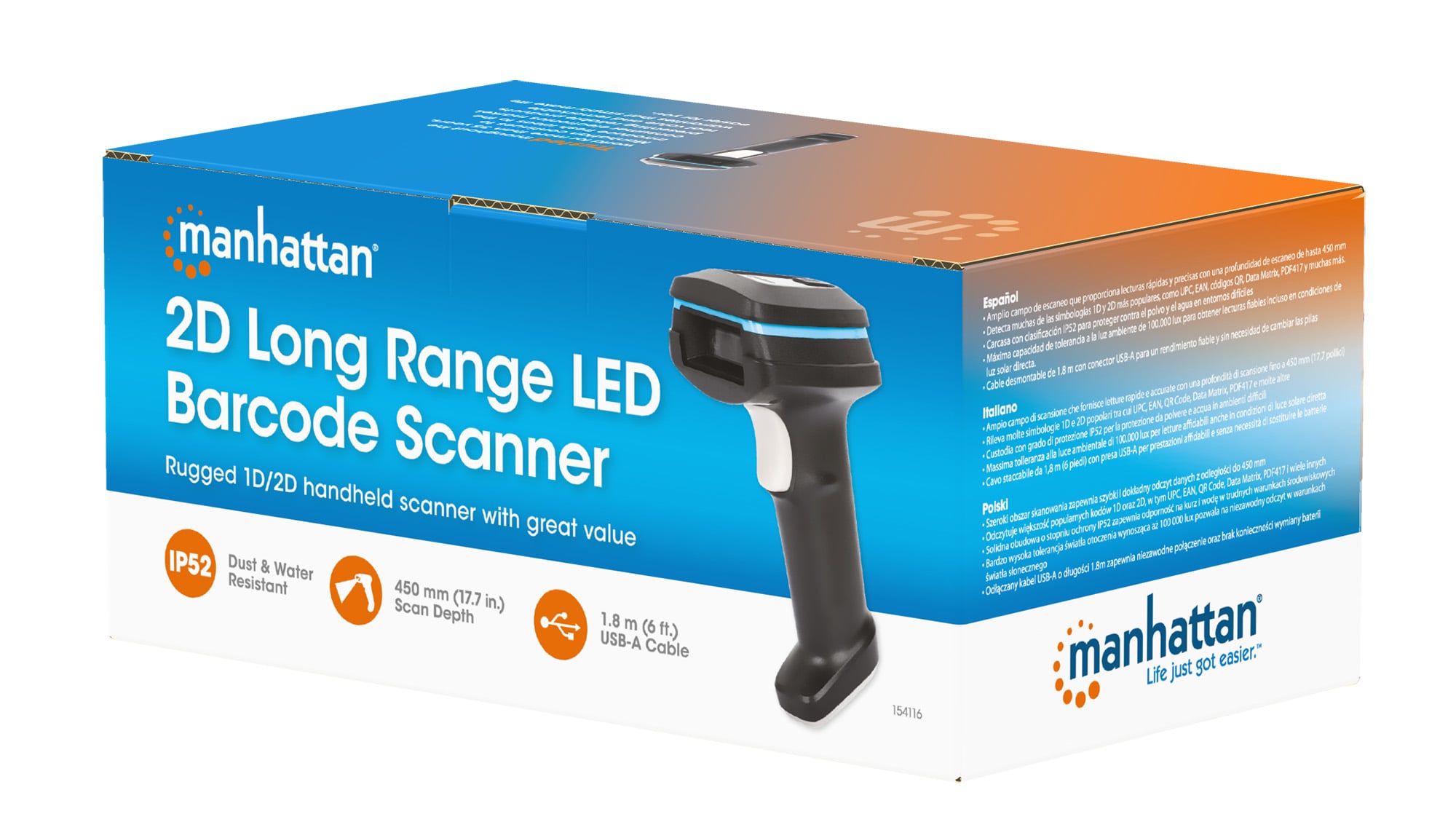 Lettore di Codici a Barre LED 2D USB a Lungo Raggio - Manhattan IDATA CCD-2D-WR