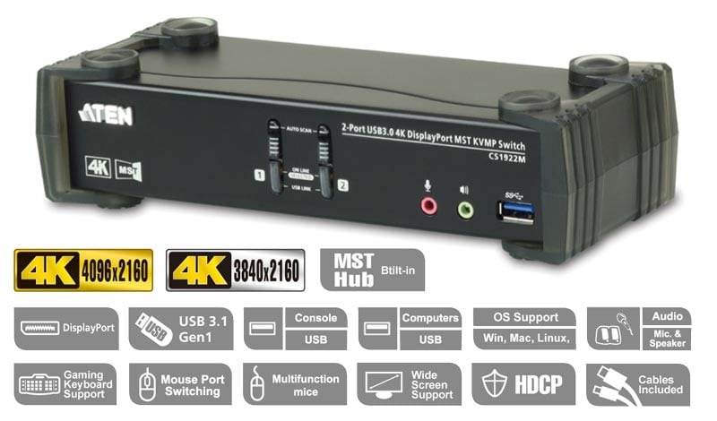 Switch KVMP 4K DisplayPort a 2 porte MST USB3.0, CS1922m - Aten IDATA CS-1922M