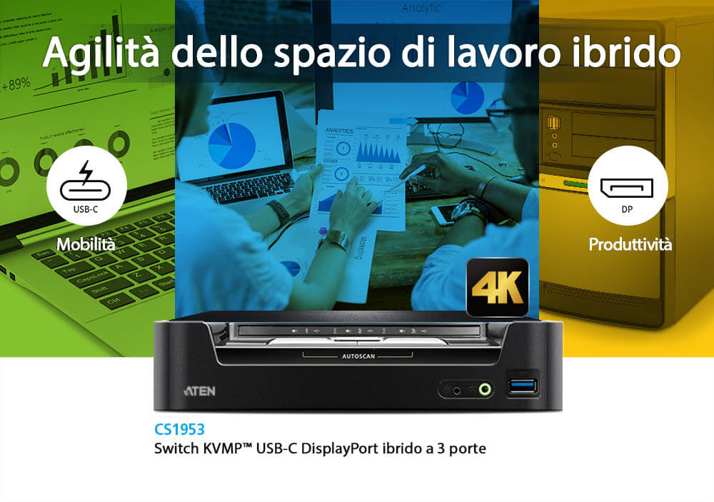 Switch KVMP USB-C DisplayPort Hybrid to 3 ports - Aten IDATA CS- 1953