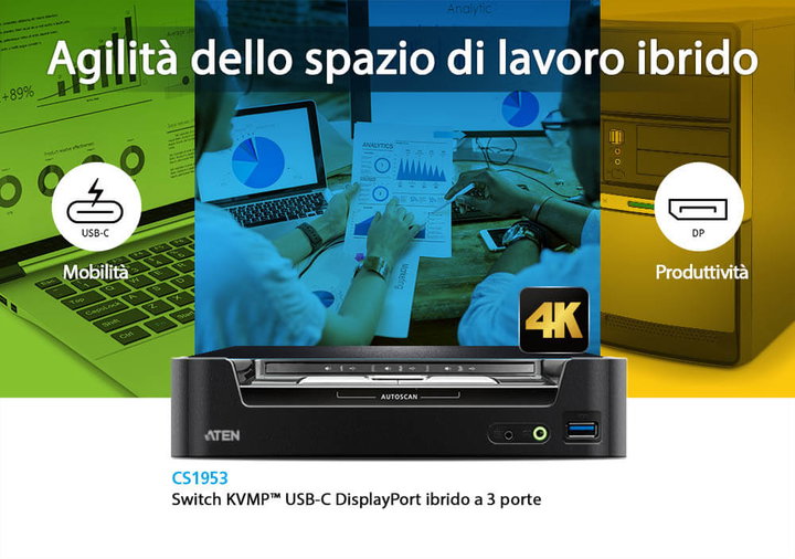 Switch KVMP USB-C DisplayPort Hybrid to 3 ports - Aten IDATA CS- 1953