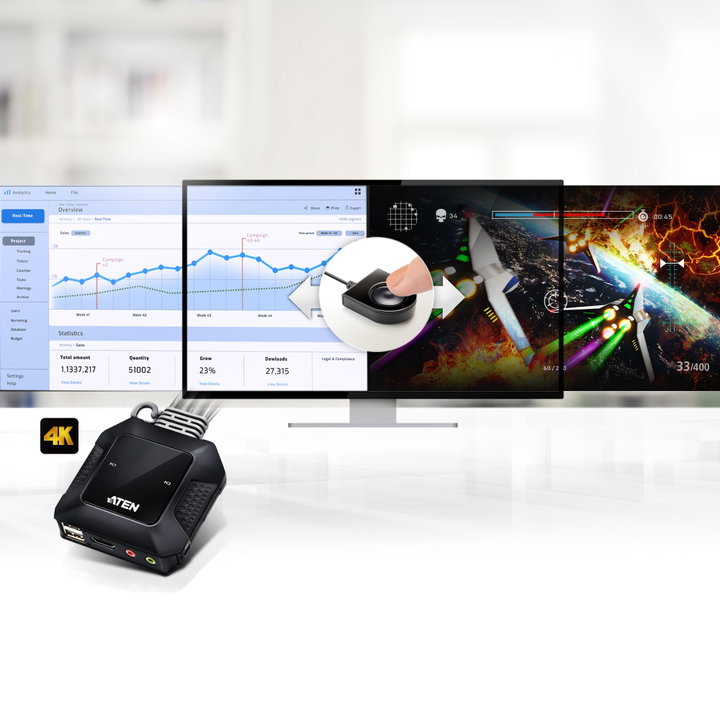 Switch KVM USB 4K HDMI a 2 porte con Selettore Porta Remota - ATEN IDATA CS-22H