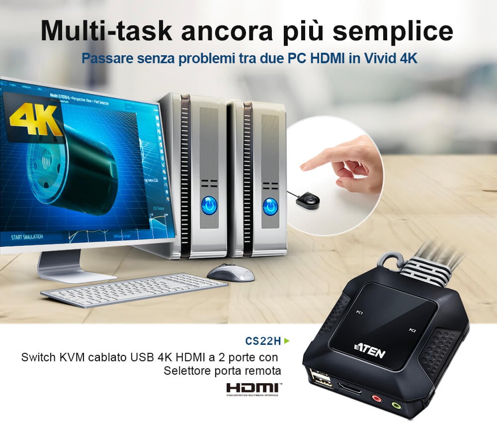 Switch KVM USB 4 K HDMI to 2 ports with Remote Door Selector - ATEN IDATA CS- 22 H