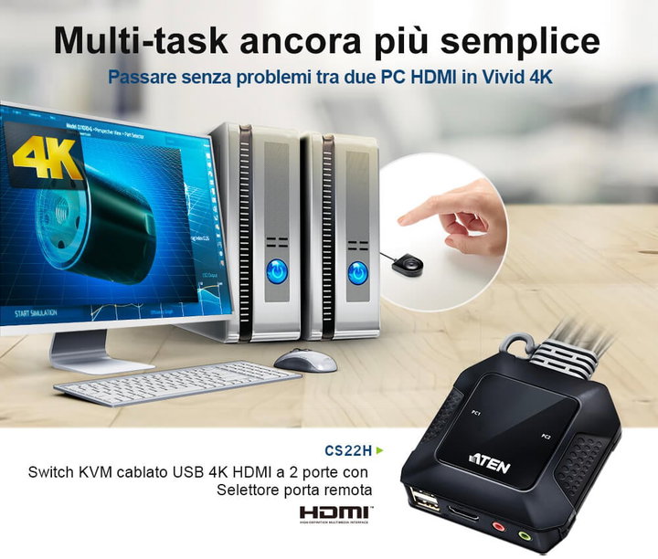 Switch KVM USB 4K HDMI a 2 porte con Selettore Porta Remota - ATEN IDATA CS-22H