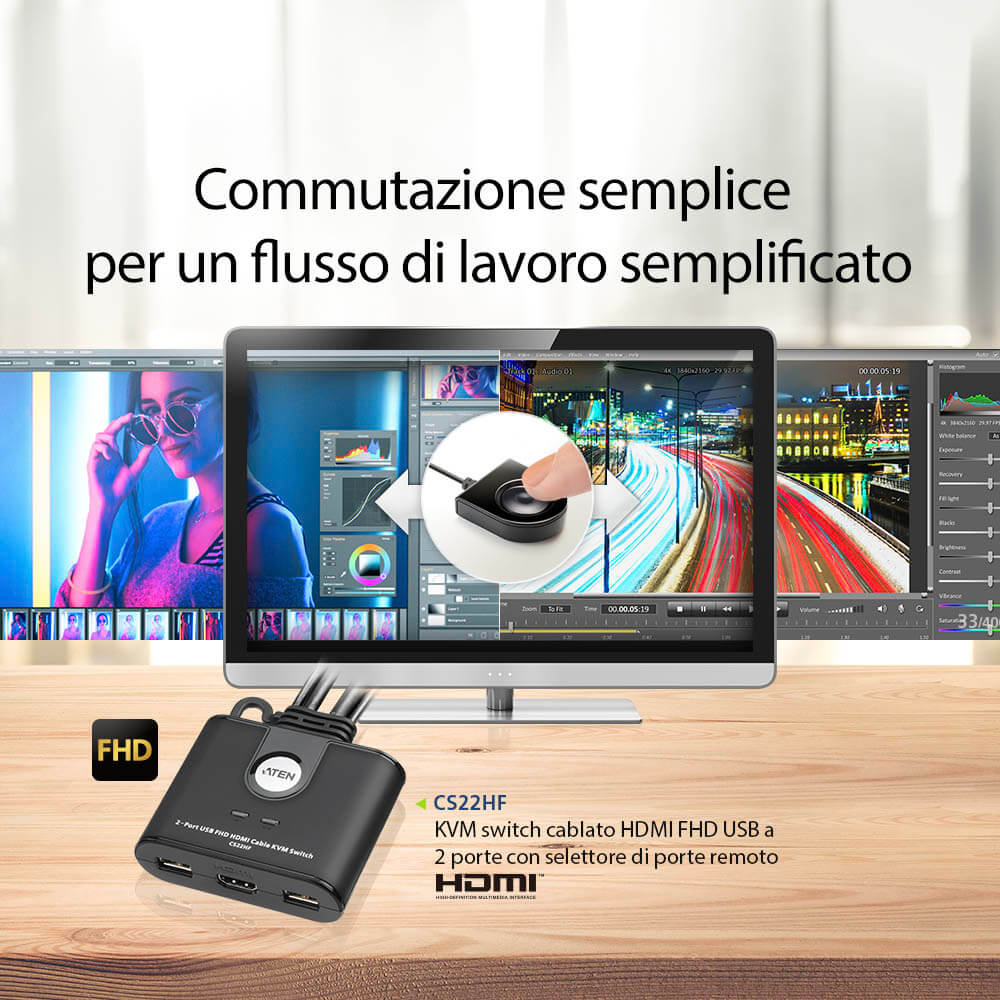 Switch KVM Cablato HDMI FHD USB a 2 porte, CS22HF - Aten IDATA CS-22HF