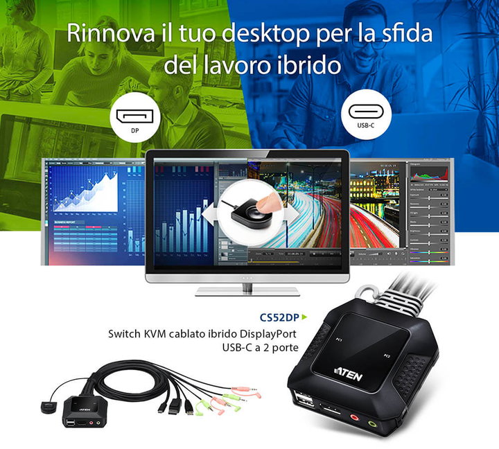 Switch KVM Cablato Ibrido DisplayPort USB-C a 2 porte - Aten IDATA CS-52DP