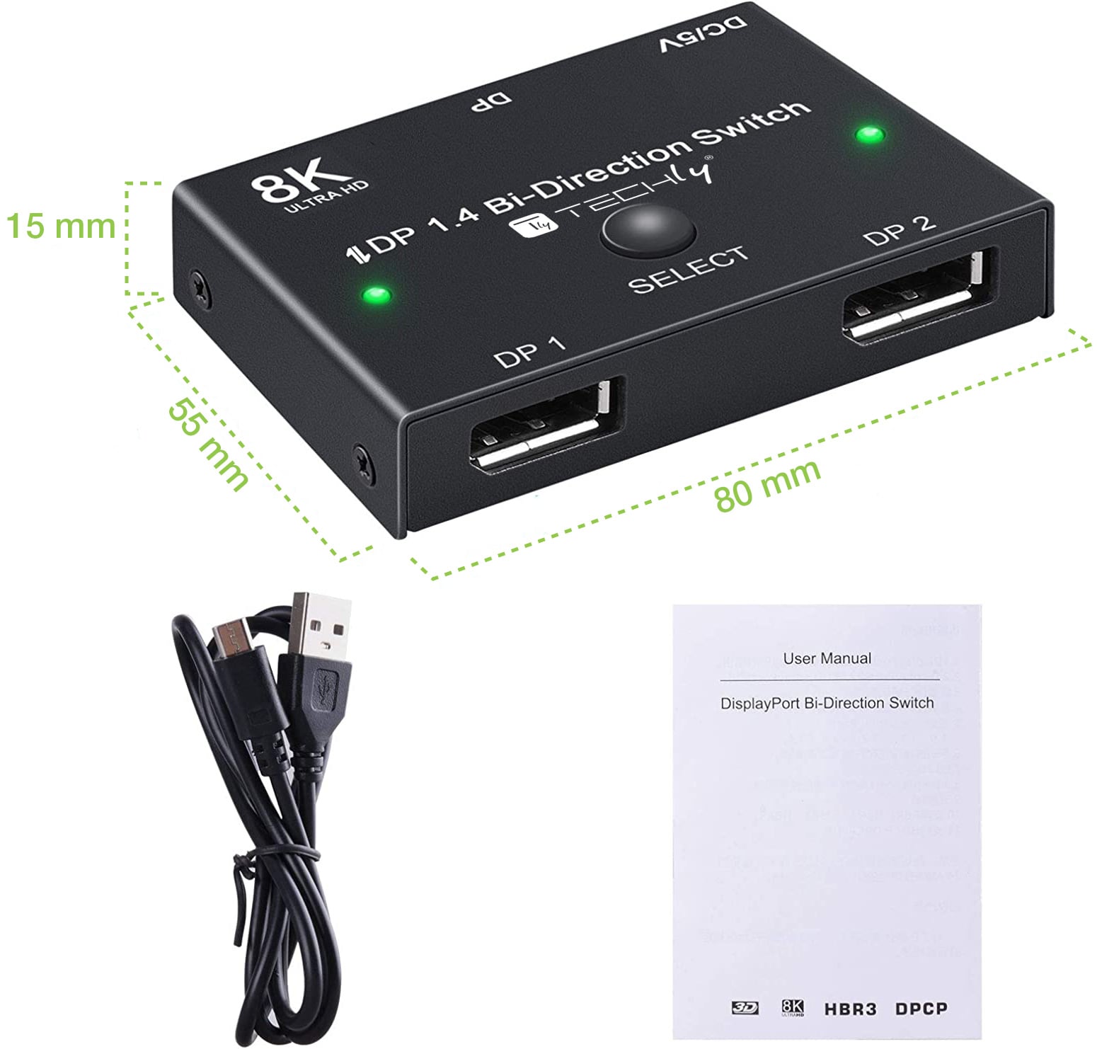 Switch Bidirezionale Convertitore Splitter DisplayPort 8K DP1.4 per Sorgenti Multiple e Display - Techly IDATA DP-2DP-8KT