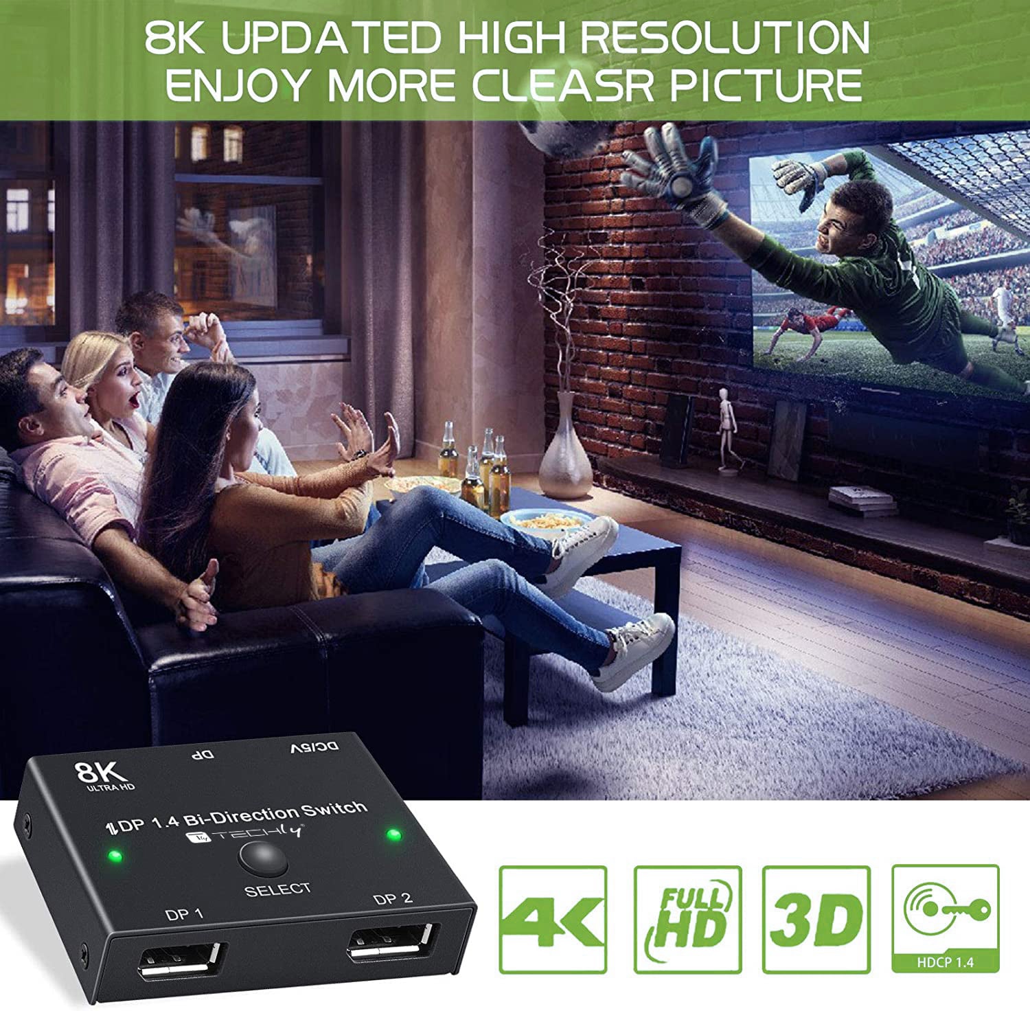 Switch Bidirezionale Convertitore Splitter DisplayPort 8K DP1.4 per Sorgenti Multiple e Display - Techly IDATA DP-2DP-8KT