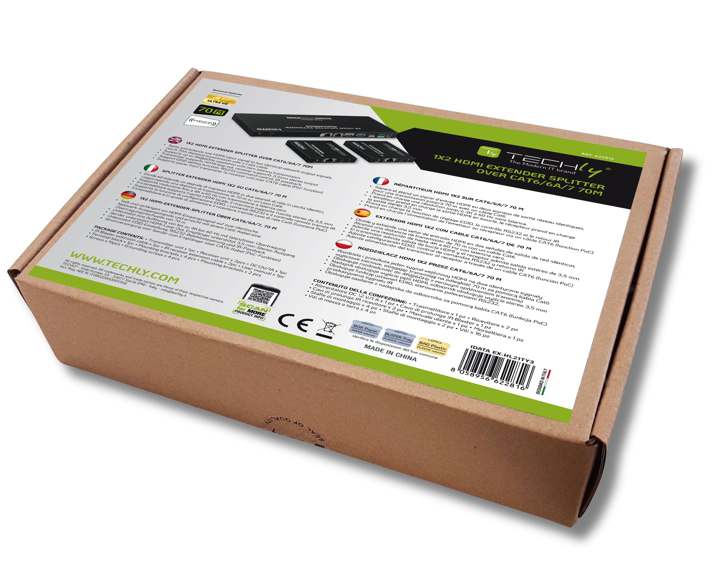 Splitter Extender HDMI 1x2 con IR su Cat6/6a/7 70m - Techly NP IDATA EX-HL21TY3
