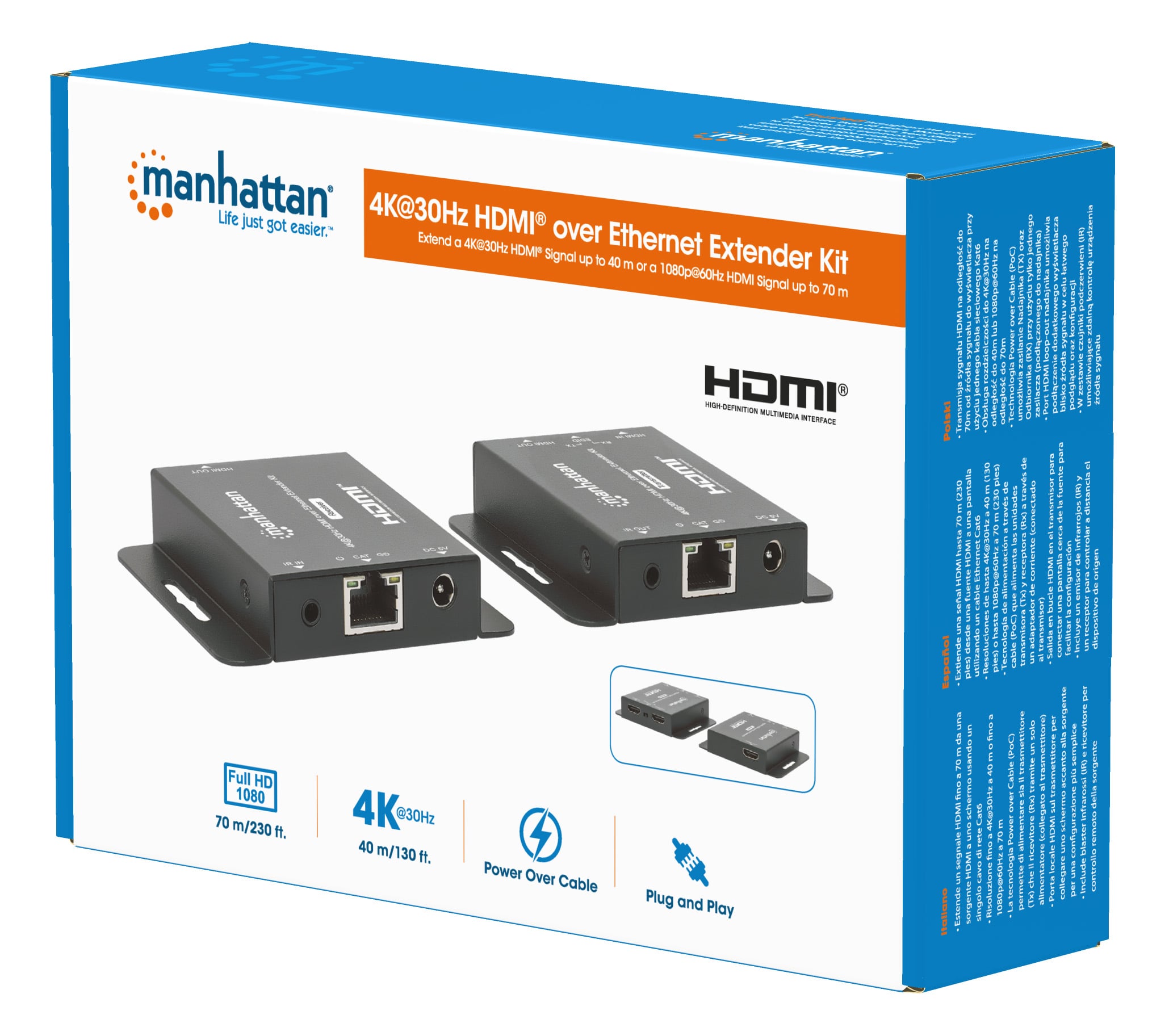 Kit Extender HDMI Over Ethernet 4K@30Hz - Manhattan IDATA EXT-E404KM